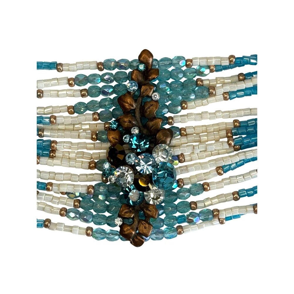 Title:Aqua Boho Wide Cuff Statement Bracelet Seed Beads Rhinestone Center Adjus - Picture 4 of 9